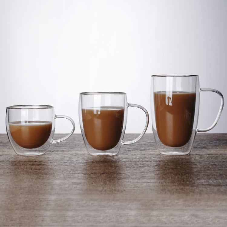 Manufacture custom multiple capacities double walled glass coffee cup mug with handle details