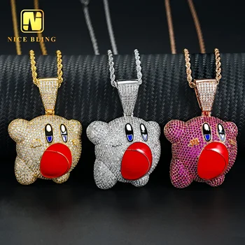 Iced out lovely cartoon design pendants brass jewelry custom cute Kirby colorful CZ diamond Kirby pendants unisex