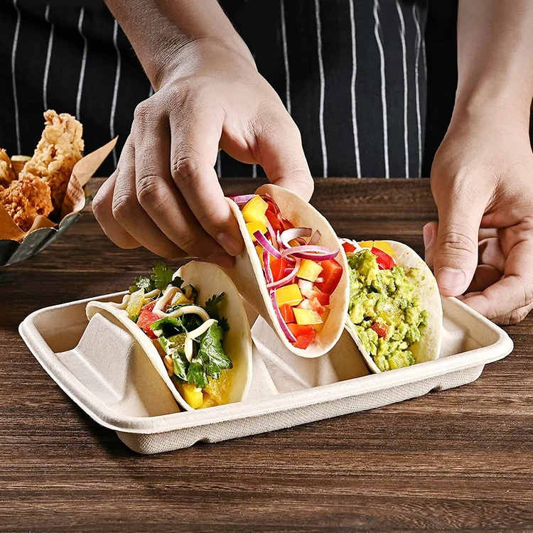 Sugarcane Taco Box to Go Disposable Custom Take Out Food Box Clamshell Container Bagasse Taco Holder for 3 Tacos