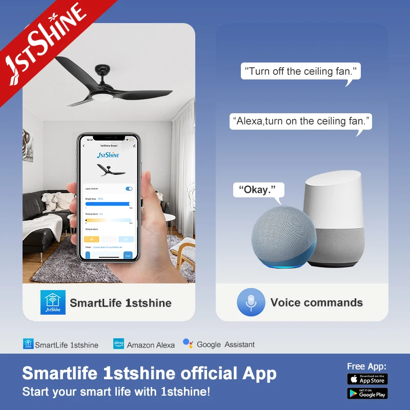 1stshine LED Ceiling Fan Modern Dimmable Color LED 220V Remote