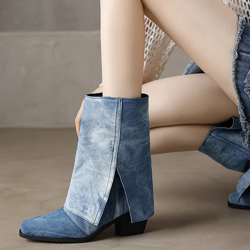 Denim Boots Winter Fall Pointed Toe Chunky Heel Large Size Women Ankle Boots Western Cowboy Boots - Image 2
