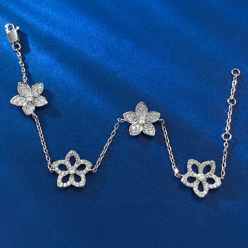 New S925 Silver Hollow Five Petal Flower Bracelet for Women