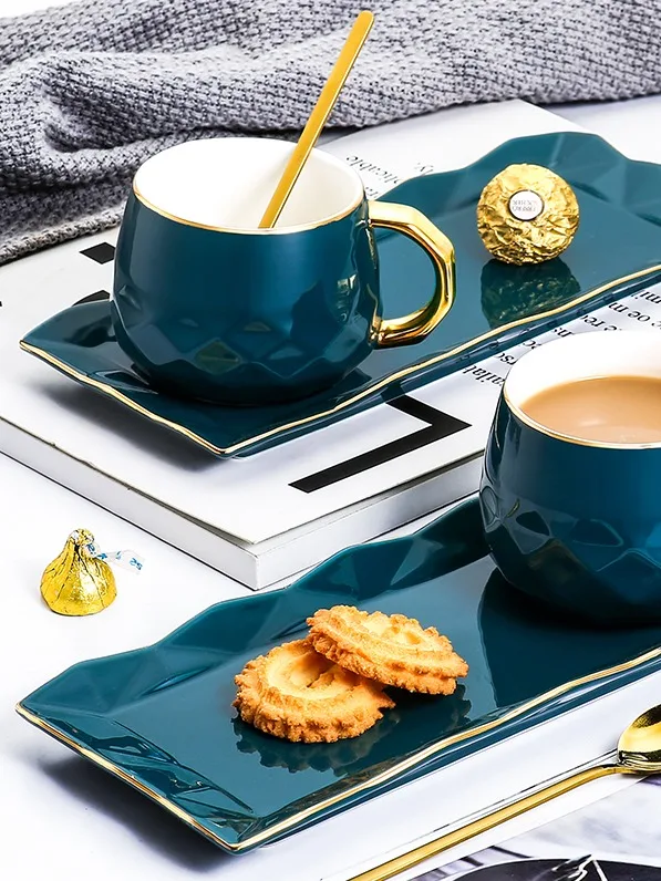 250ml Green Coffee Cup And Saucer Set With Spoon Ceramic Milk Tea Cup ...