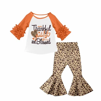 Kids Clothes Girls Outfits Thankful Blessed Top Bell Bottoms Pants Baby Girls Boutique Clothing Bulk Wholesale Kids Clothing