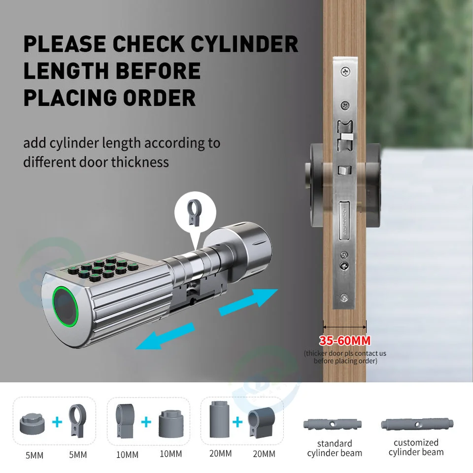 Euro Adjustable Cylinder Smart Doorlock Ip65 Waterproof Tuya Ttlock App