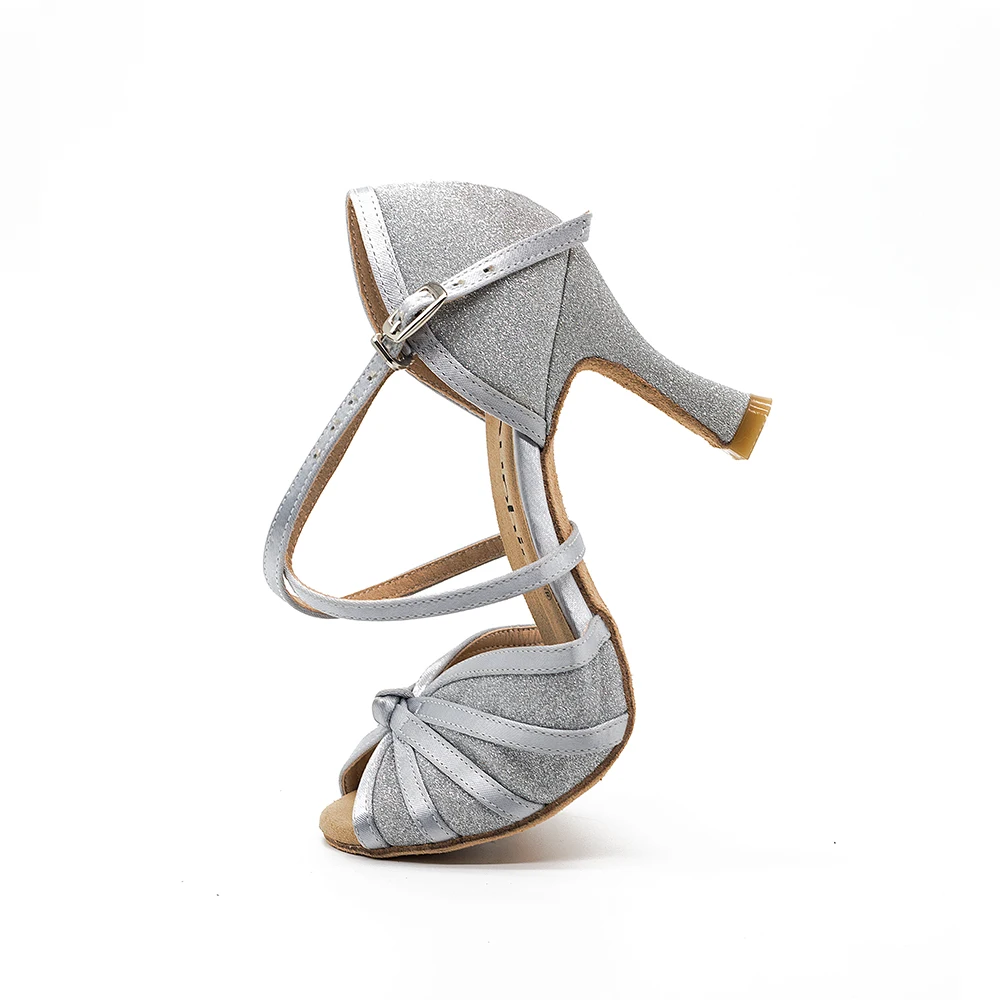 Серебристые Сатиновые блестящие женские сандалии для бальных танцев с открытым носком для латинских танцев сальса