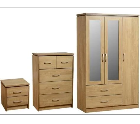 Modern Design Mdf Wood Beech Color 3 Doors 2 Drawers Wardrobe With 2 Mirrors Wooden Storage Closet for Bedroom