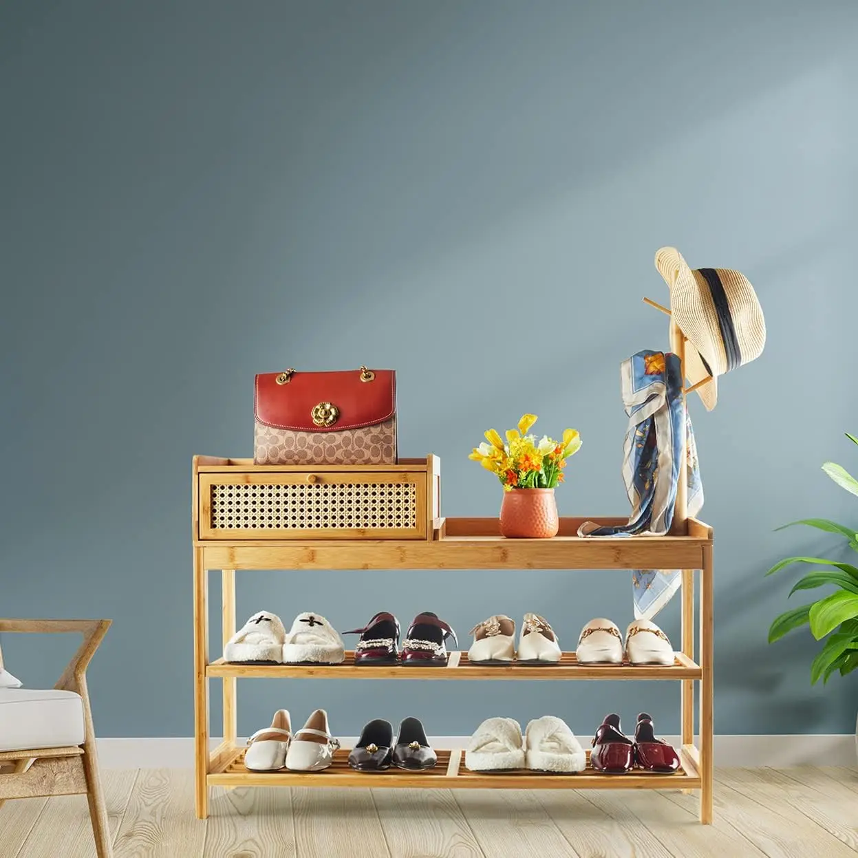 product freestanding wooden storage bamboo shoe rack cabinet organizer with coat tree and seat for bedroom and living room-1