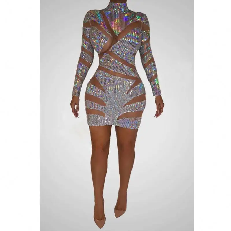 Rhinestone Bodysuit Mesh Dressed 