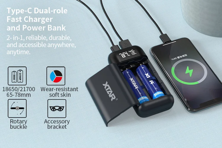 XTAR PB2SL Fast Charging Type C Battery case Diy Capacity 21700 18650 Power Bank Without Battery