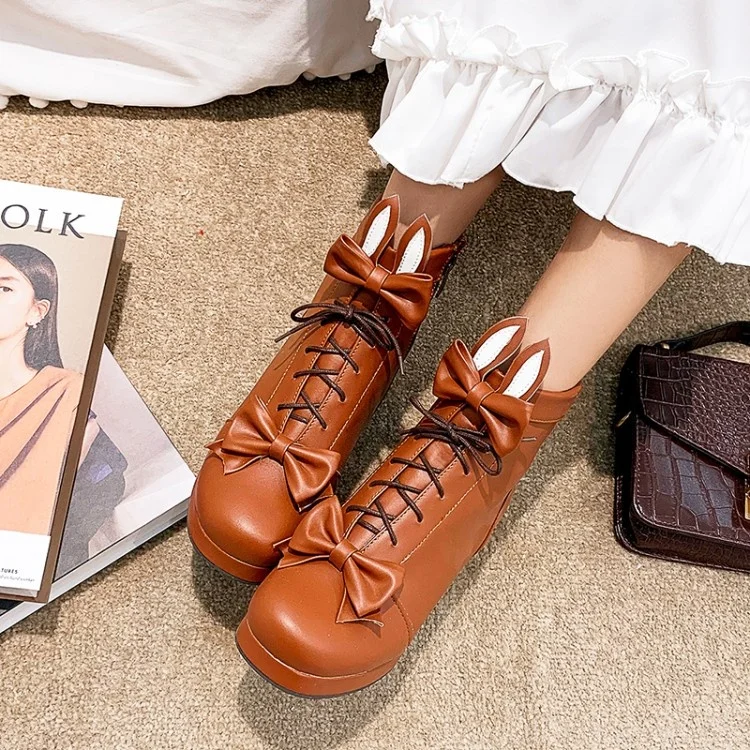 Bunny Round Toe Ankle Boots With Chunky Heel Zip Closure