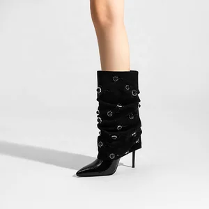 Black Suede Slouch Boots with Crystal Studs Patent PU Pointed Toe Height Increasing Western Fashion Style for Autumn Summer