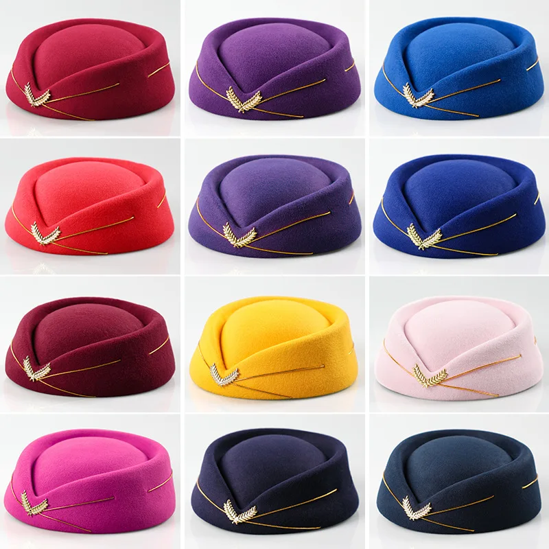 Stewardess Hat Air Hostess Hat Ladies Airline Uniform Hat Stewardess Beret Cap Plain High Quality OEM Blue Female