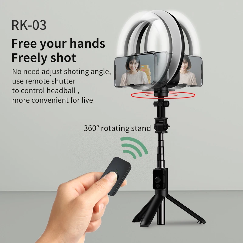 360 Degree Rotation Ring Light with Selfie Stick 1200mAh Wireless Desktop  Selfie Ring Light with Tracking Phone Holder RK-03