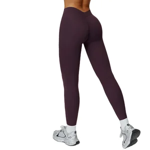 Cross-Border Brushed Yoga Pants High Waist Tight V-Shaped Back Tummy Control Color Blocking Polyester Full Length Plus Size