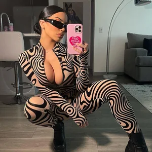 Casual Fashion Party New Women's Bodycon Long Sleeve V-Neck Printed Retro Tight Bodycon Jumpsuit Cami Jumpsuit