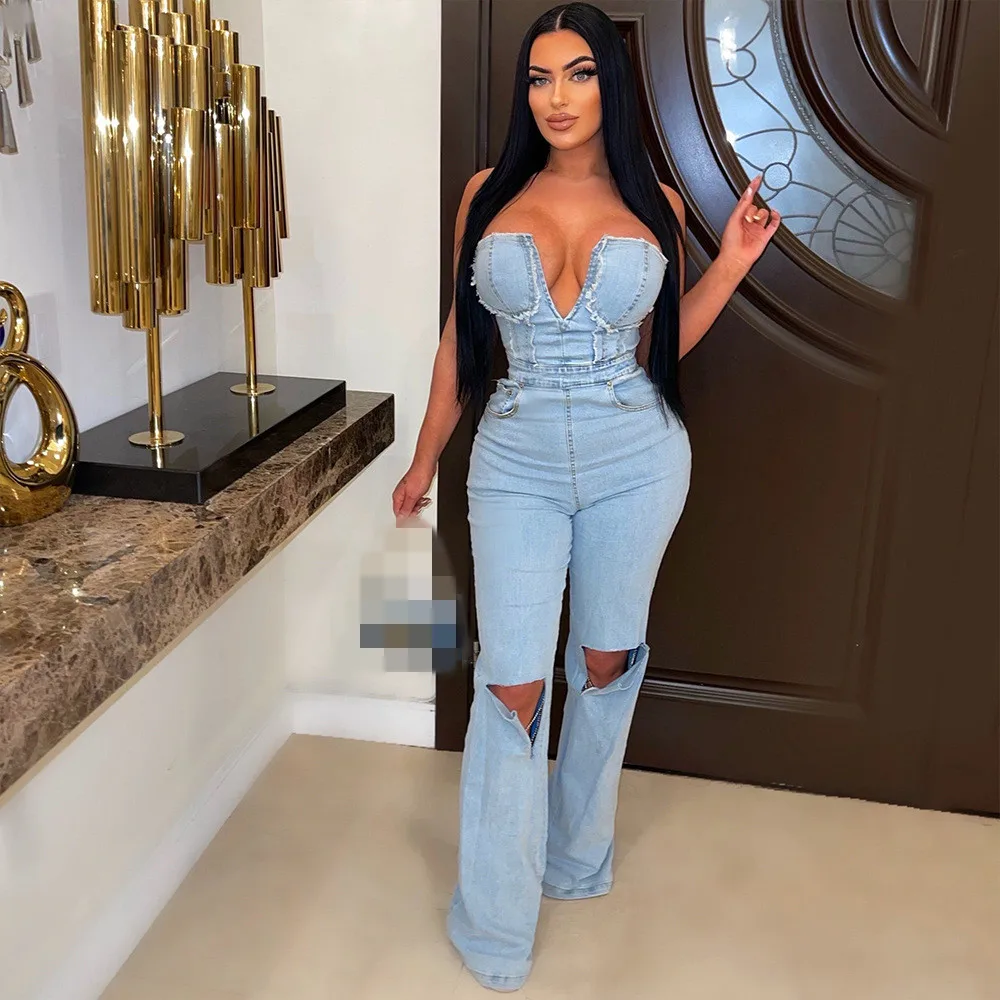 Fashion Casual New Sexy Summer Jumpsuits Strapless One Piece Rivet Ripped Denim Jeans Jumpsuit Woman Lady Jumpsuit For Women