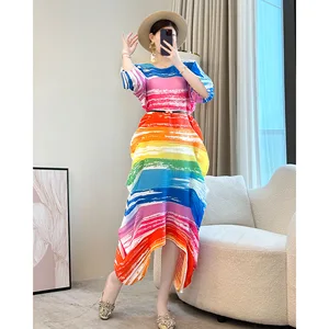 Miyake High-End Women's Spring Summer Contrast Color Printed Loose A-Line Skirt Floor-Length New Large Size Pleated Skirt for