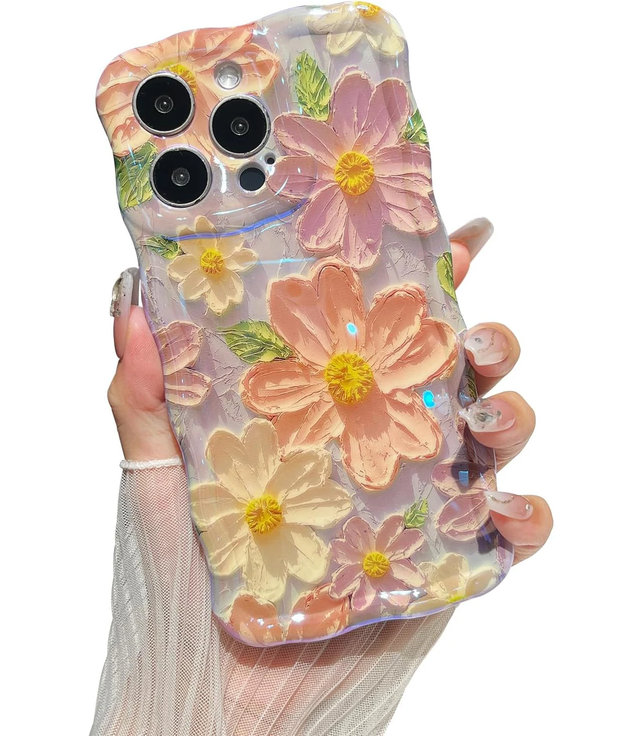 TPU Kawaii Case for iPhone 15 pro max Colorful Retro Oil Painting Flower Laser Glossy Pattern Cute Curly Wave Border ALF-063