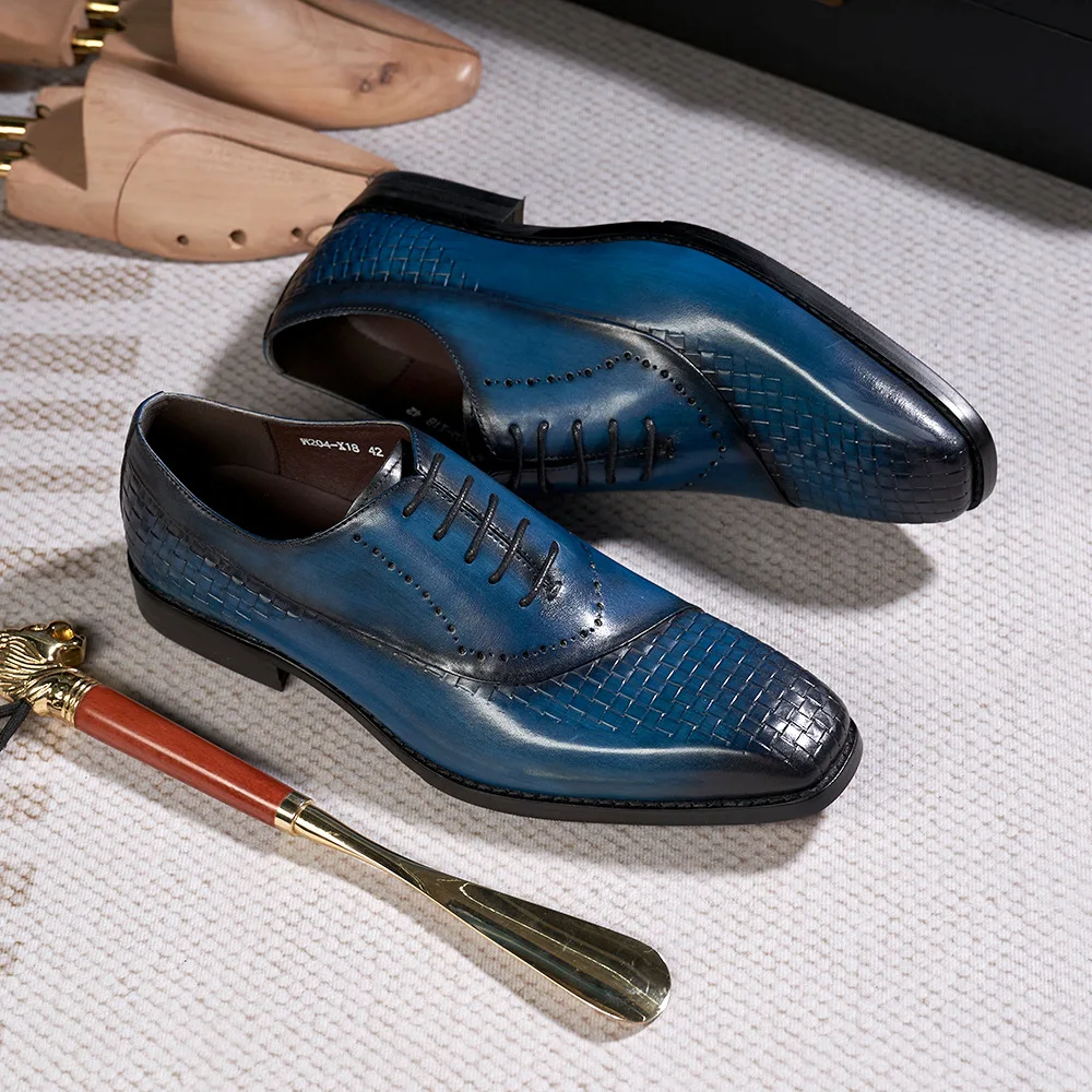 Modello Lunto Handmade Italian Leather Men's Oxford Dress Shoes – Blue Cowhide Lace-Up Shoes, Made In Italy