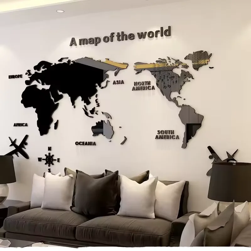 Adesivo Da Parete 3D Effetto Specchio - Mappa Del Mondo In Acrilico Argento (120x60 Cm) Per Soggiorno O Camera