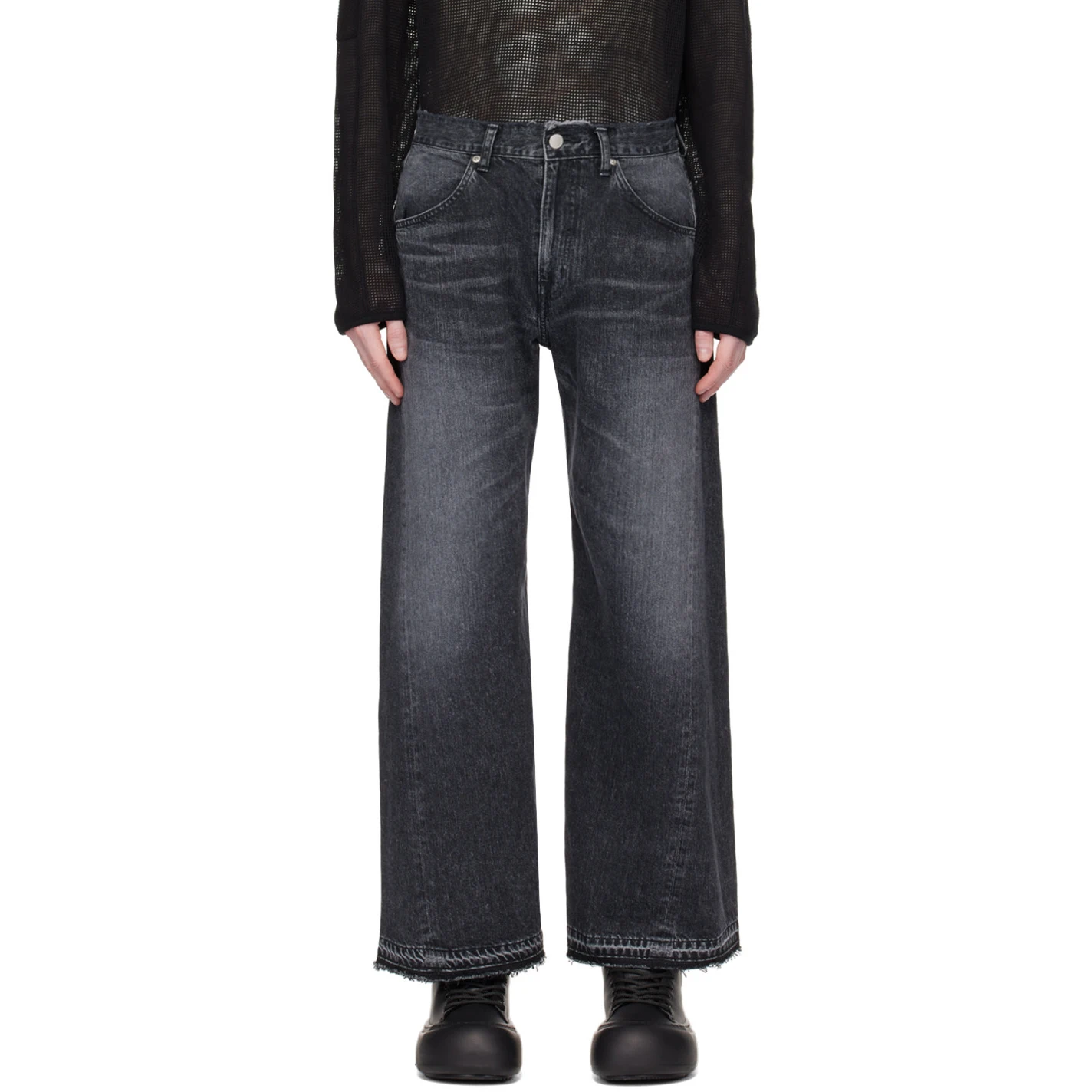Jeans da uomo in denim grezzo dritto e lavaggio invecchiato nero_voghion.com