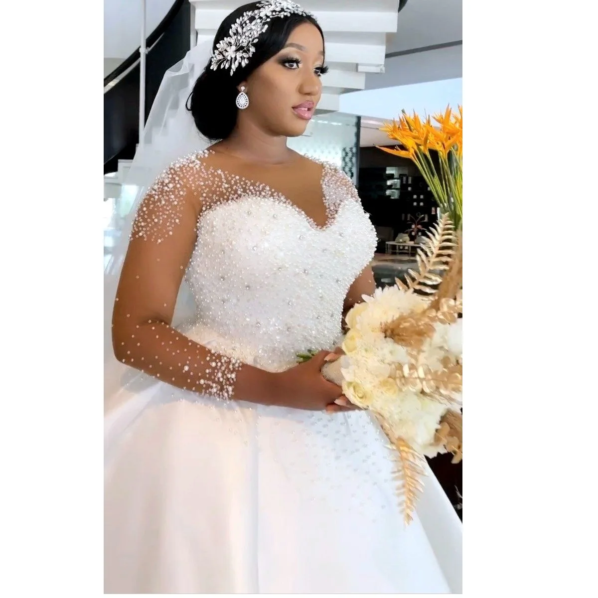 Plus BIG Size Nigeria African Woman Long Sleeves Bling Pearls Robe De  Mariage Wedding Dress Bridal Wedding Gowns