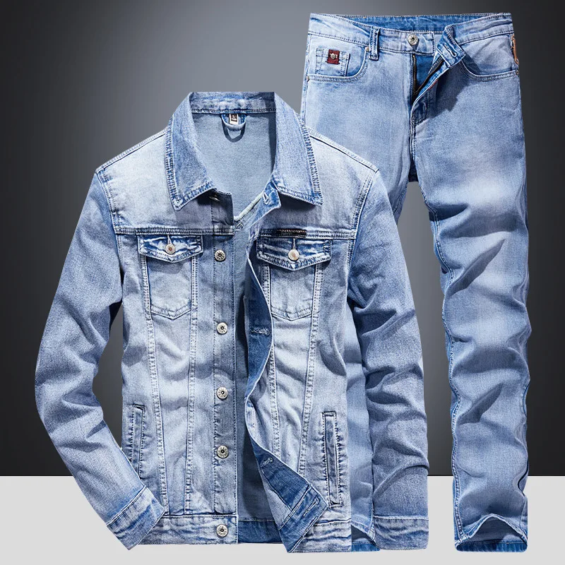 Light Blue 100% Cotton Denim Suit Men Slim Fit Korean Style Leopard Print Stretch Two-Piece Set 2026 Spring Autumn Trendy Jacket