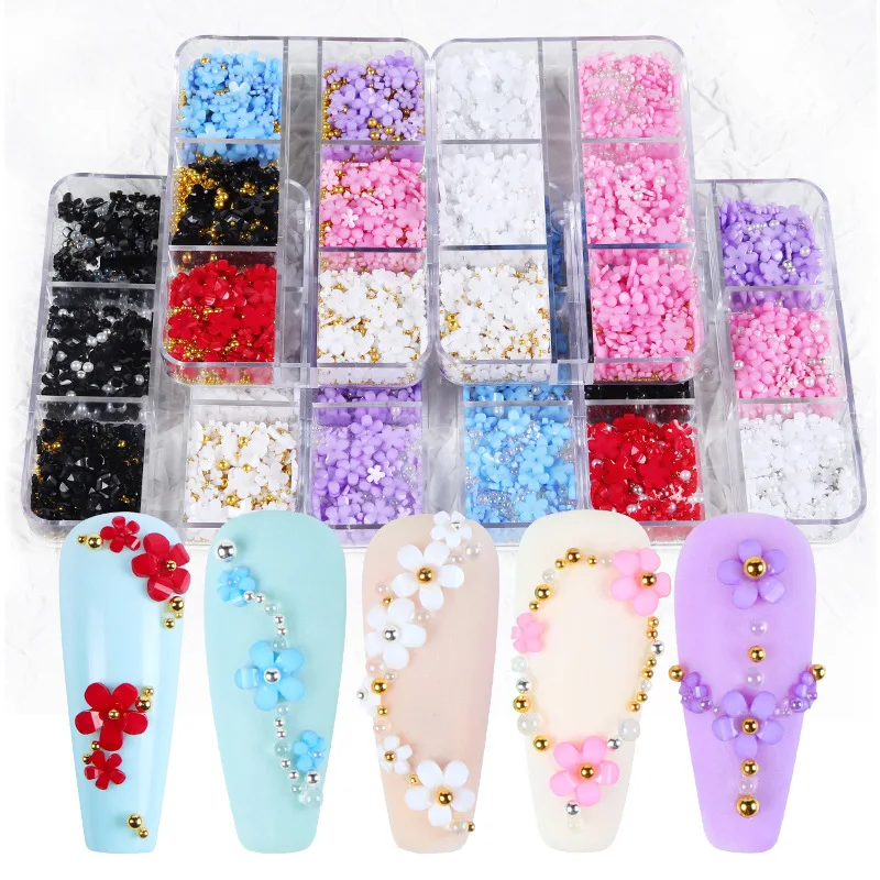Flower Nail Charms Mixed Rhinestones Gold Beads 3D Nail Flower