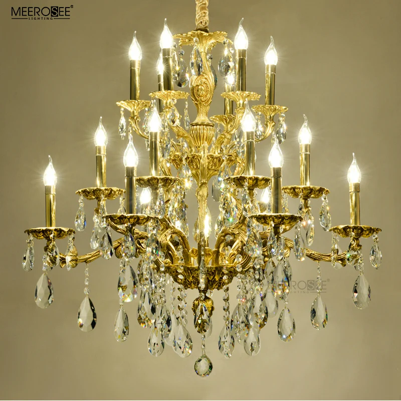 MEEROSEE Copper Gold Chandelier K9 Crystal Brass Light Luxurious Brass Chandelier for Home Hotel Villa MD83092