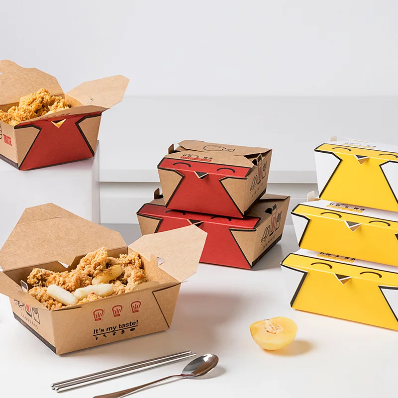 Disposable Kraft Paper Fried Chicken Packaging Lunch Box OEM Printing Fried Chicken Takeaway Paper Degradable Food Box