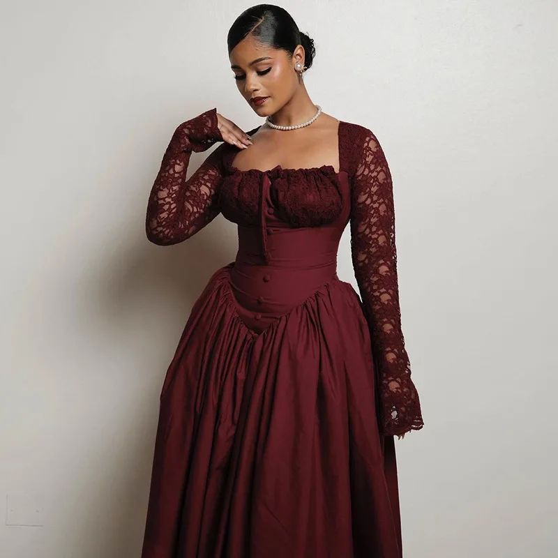 Elegant Vintage Women Dress Long Lace Sleeve Square Collar Slim Waist Big Hem Long Dress Elegant Vintage Women Dress Long Lace Sleeve Square Collar Slim Waist Big Hem Long Dress