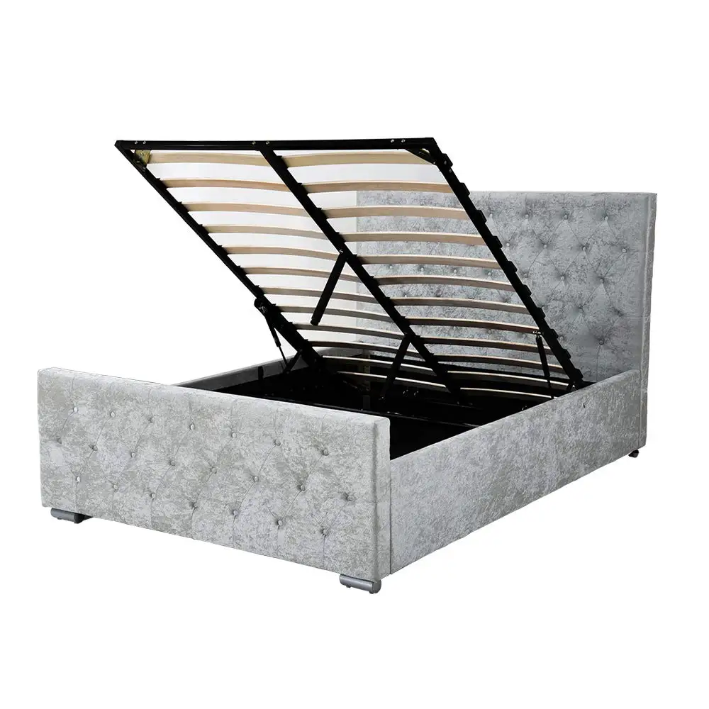 4FT6 DOUBLE UPHOLSTERED OTTOMAN DUAL GAS LIFT UNDER STORAGE BED IN SILVER