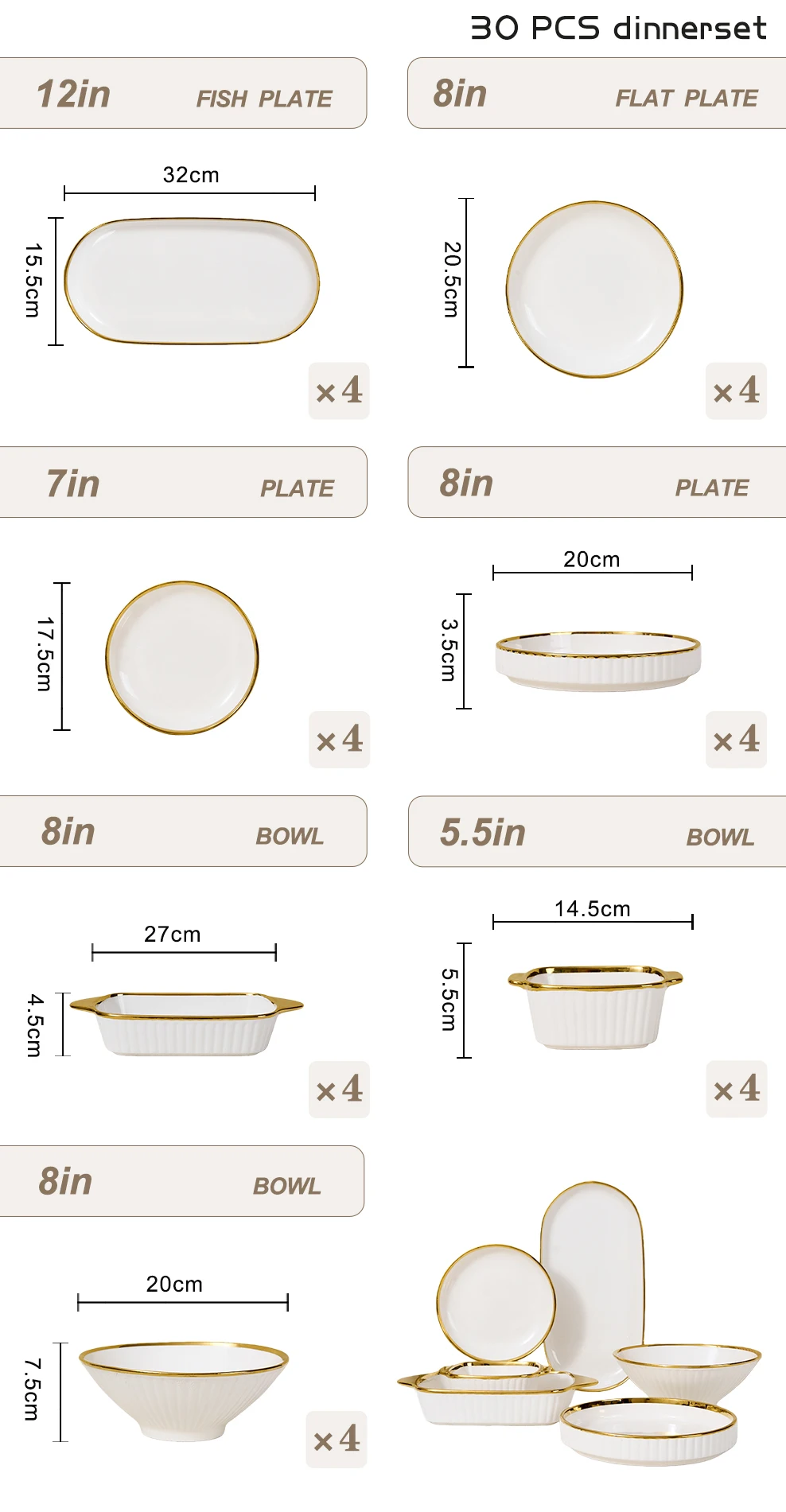New Luxury Modern Sustainable Gold Banded Ceramic Embossed Plates & Bowls White with Gold Trim Porcelain Dinnerware for Home Use