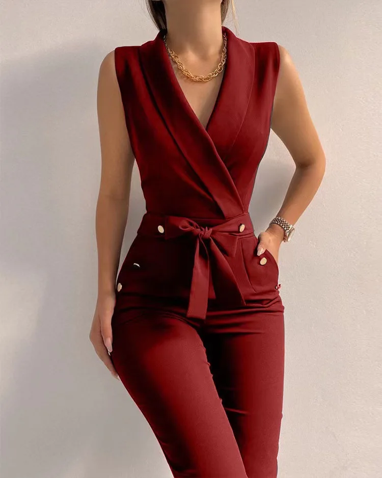 New Women's Office Workwear Ins Business Style Solid V Neck Ladies Strappy  Sleeveless Romsuit Women Jumpsuits
