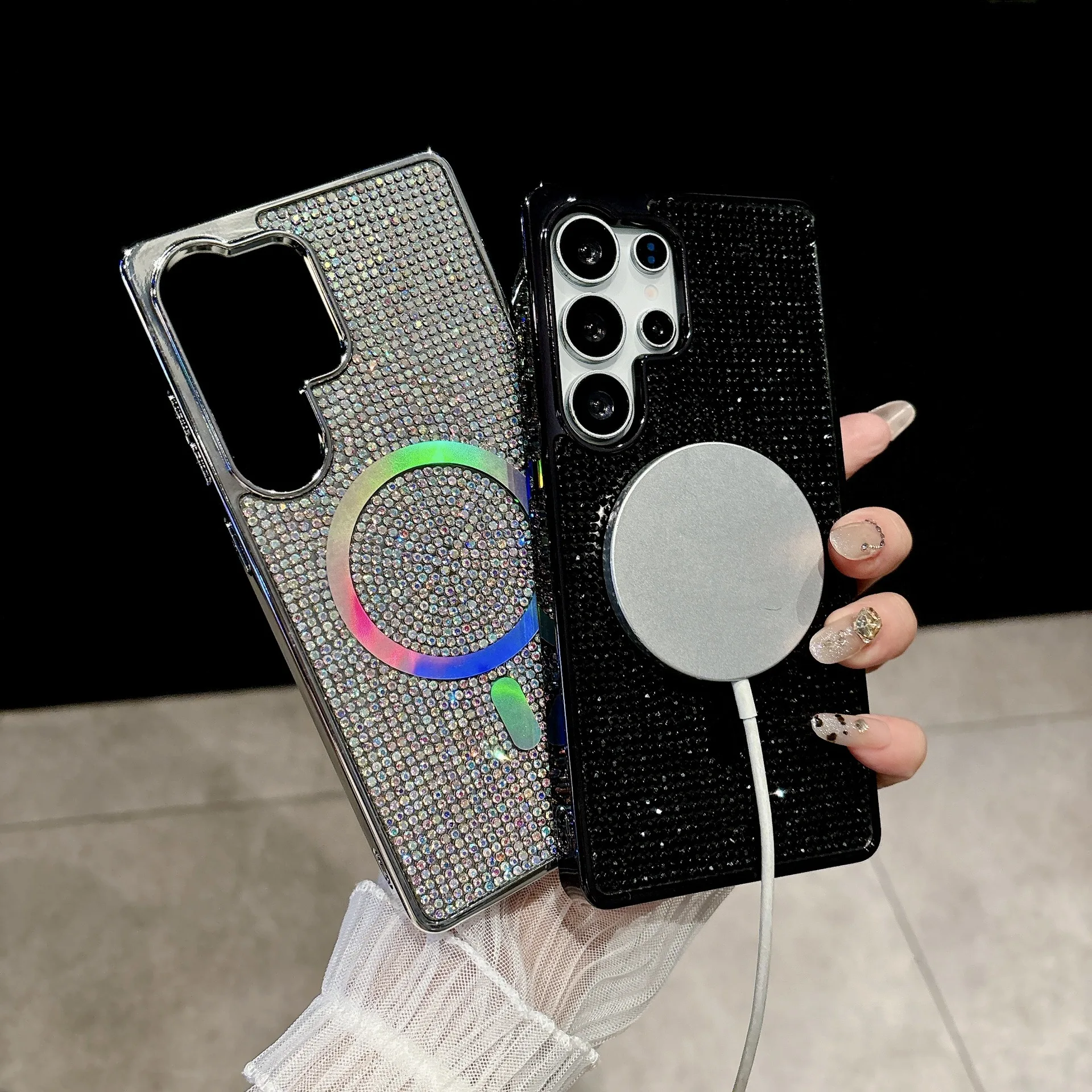 Electroplated Luxury Rhinestone Glitter Magnetic Phone case for Samsung S22 S23 S24 S25 ultra Thousand Diamond Drop-proof Covers