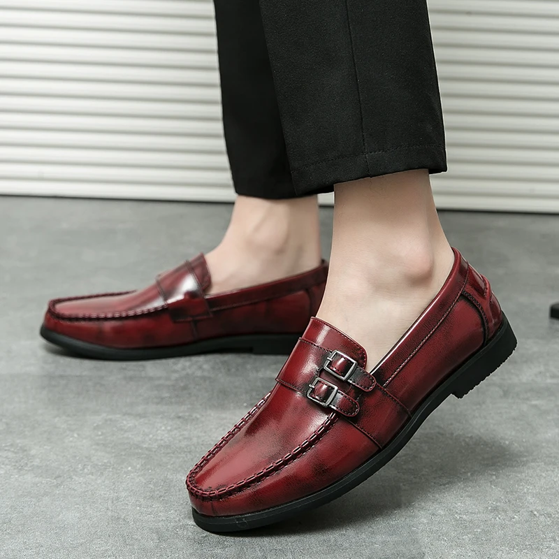 Red Color Double Monk Strap Shoes for Men Classic Comfortable Durable Flat Lightweight Slip On Casual Daily Dress Shoes