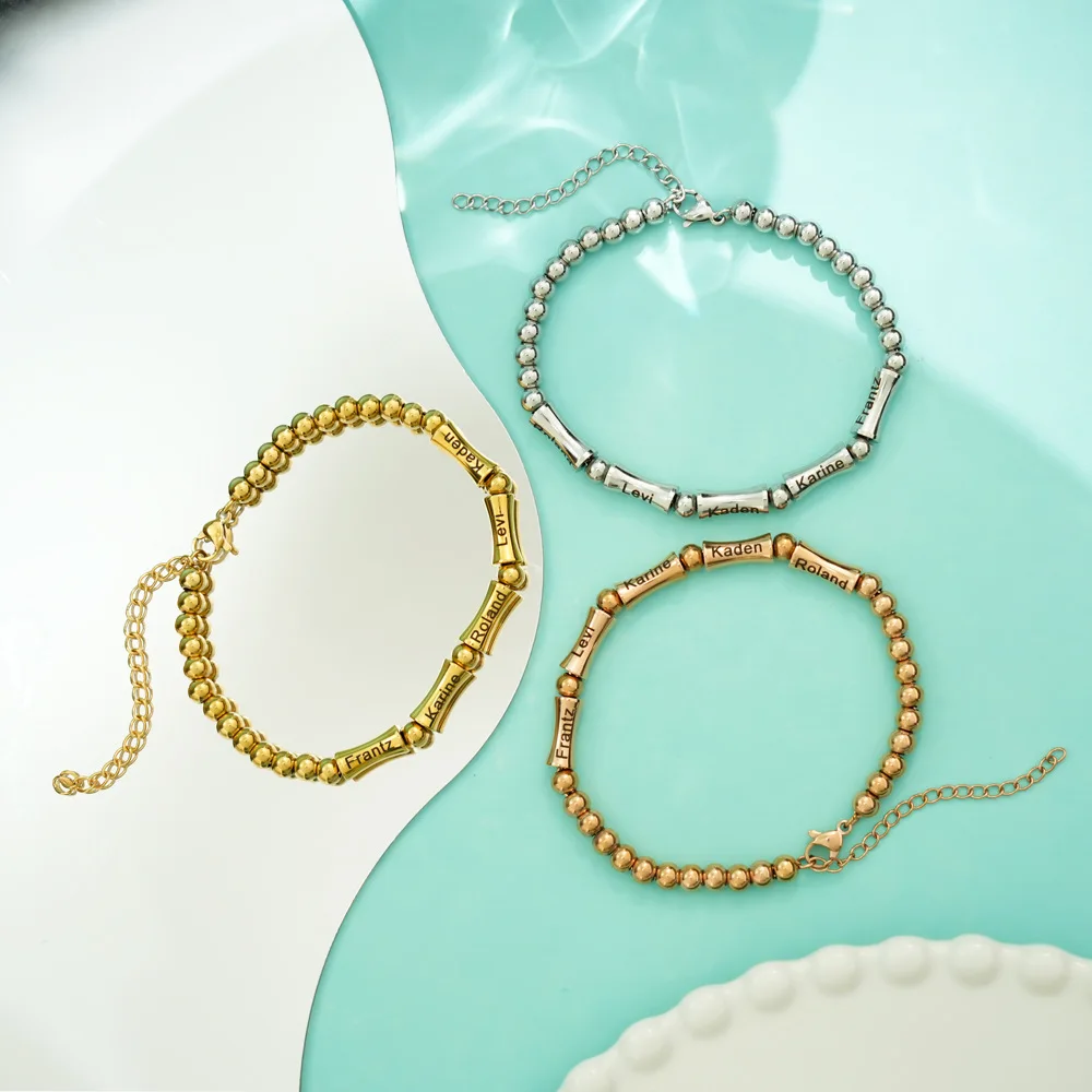 Minimalist Gold Plated Stainless Steel Bracelet for Women Engravable Bamboo Joint Bead Geometric Shape Gift Fashion Jewelry