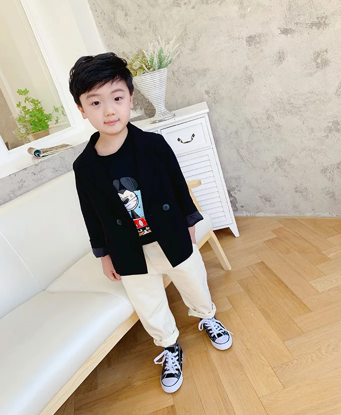 2021 Spring Girls Blazers Black White Boys Jacket Kids Plain Solid Casual  Outfit Children Clothes Wholesale