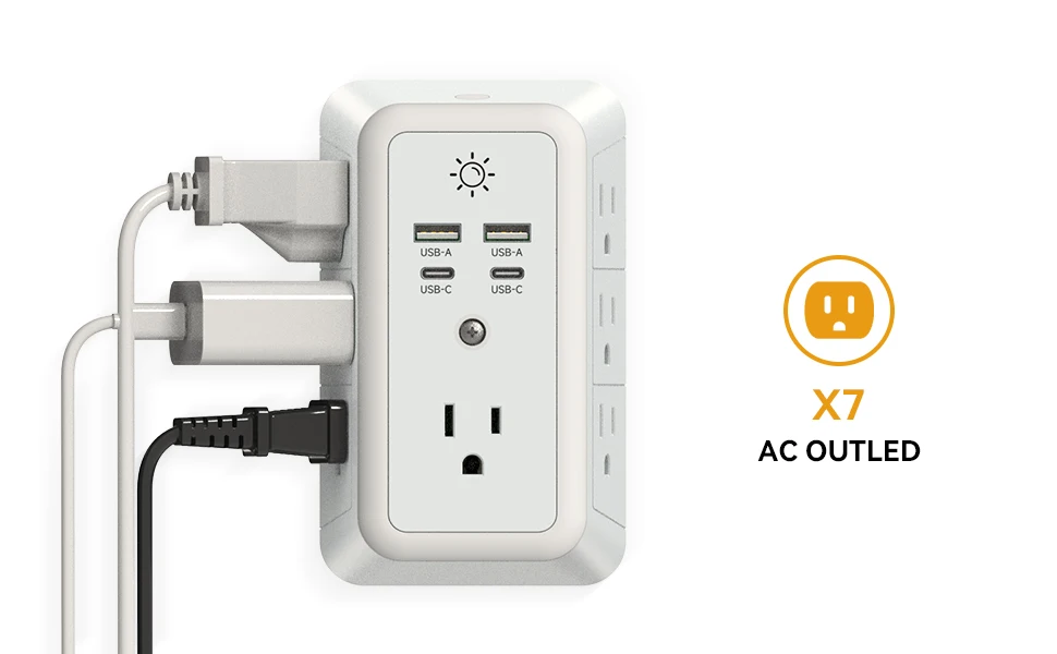 ETL List Multi Plug Wall Charger Surge Protector 7 Outlet Extender with 4 USB Charging Ports 1680J Power Strips with Night Light