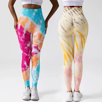 Wholesale Custom Logo No Front Line Seamless Tie Dye Yoga Pants Fitness Gym Tights Soft High Waist Yoga Leggings Women