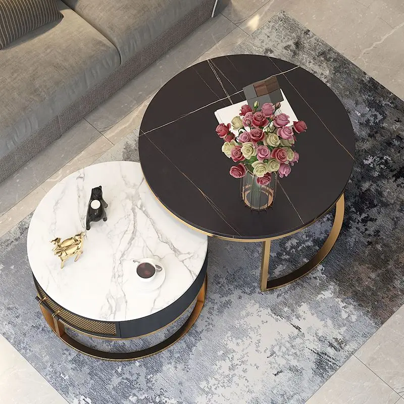 Unique Design Modern Nordic Simple Style Double Round Marble Coffee Table with Golden Metal Bracket for Living Room