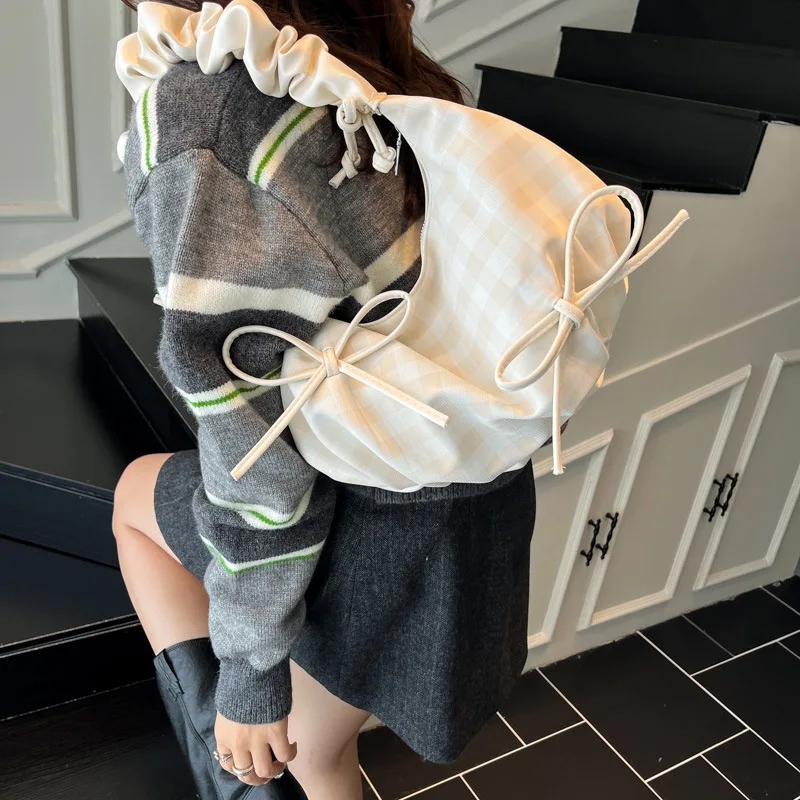 Niche Soft Ruched Zipper Bags 2026 New Summer Plaid Half Moon All-Match Shoulder Underarm Korean Style Commuter Handheld Small