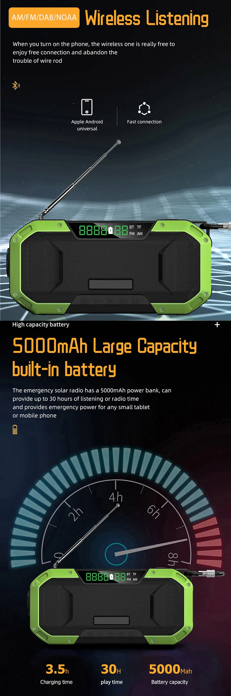 D580 Am Fm Emergency Receiver Solar Hand Crank multi speaker   Radio Frequency Machine With Flashlight