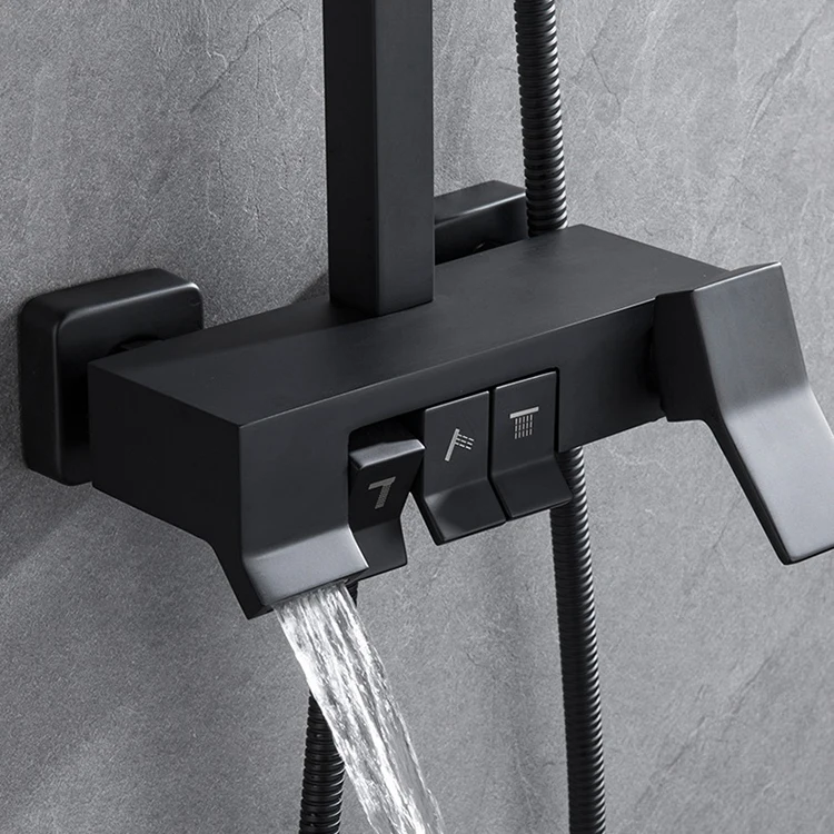 Conjunto de sistema de cabezal de ducha tipo lluvia para baño expuesto montado en la pared, color negro mate, latón