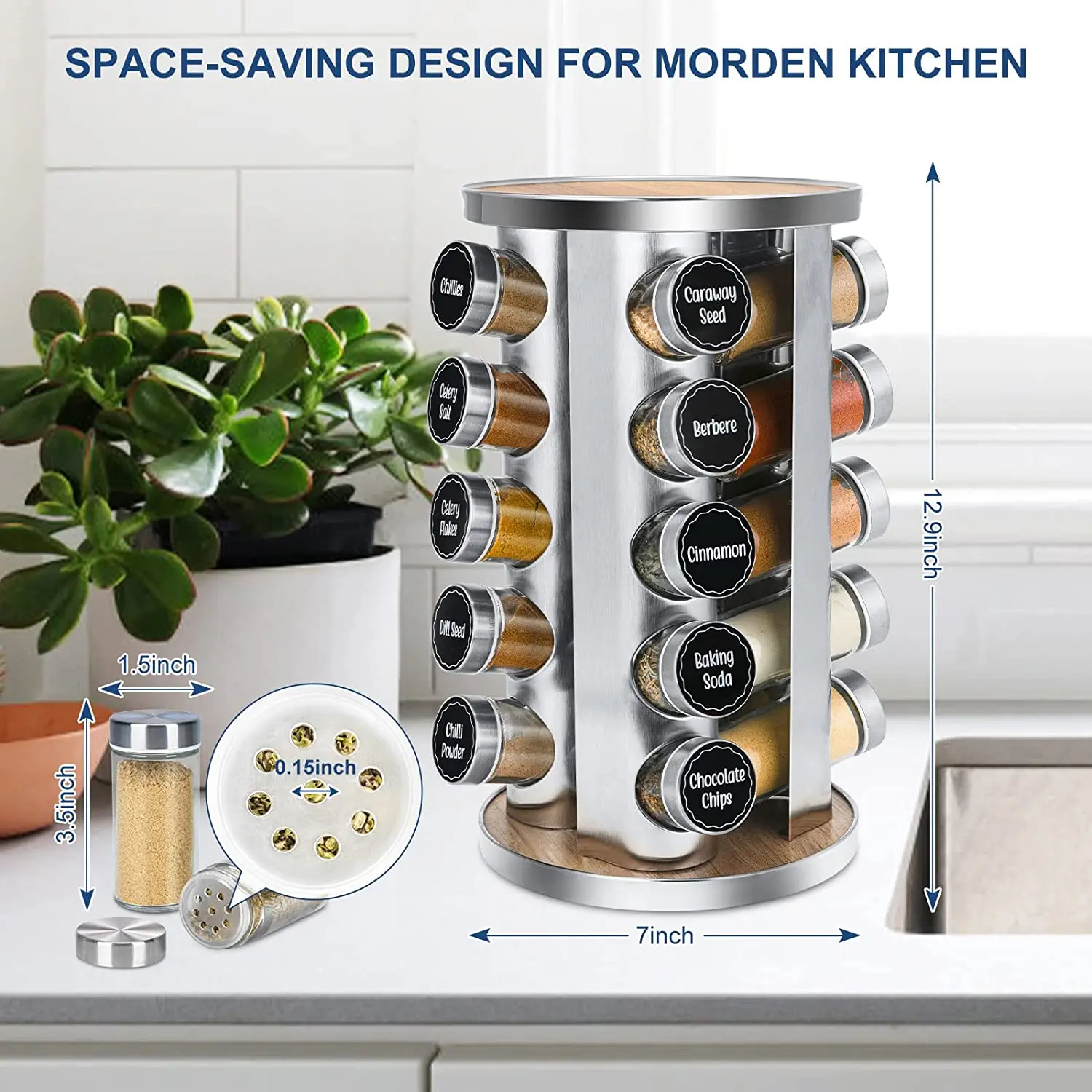 Rotating Spice Rack Organizer with 20 Empty Spice Jars, 135 Spice  Labels,Funnel