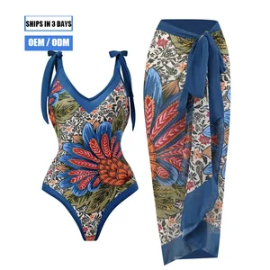 2026 Sexy One-Piece Printed Swimsuit for Women, Two-Piece Set with Tie-Up Chiffon Skirt Swimsuit Set