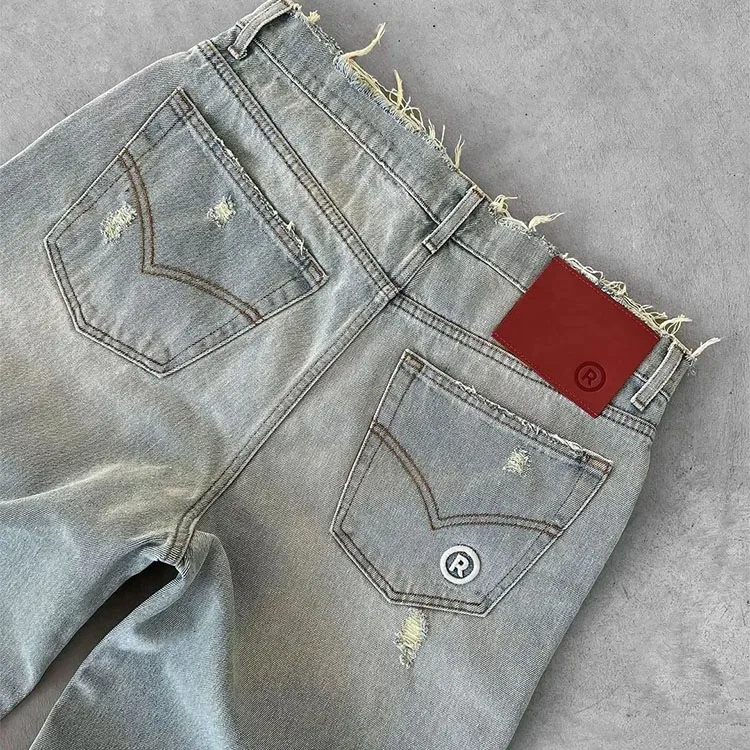 Custom Logo Embroidered  Straight Distressed Jeans Streetwear Ripped Baggy Jeans Y2k Vintage Raw Edge Wide Leg Denim Jeans Men