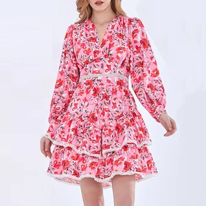 Wholesale Trend V-neck Long Sleeve Ladies Clothing Women Summer Casual Floral Dresses