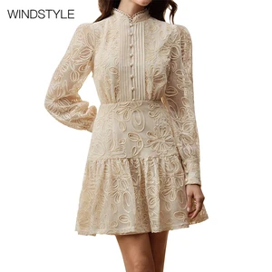 Women's Elegant Summer Casual Dresses Lace-Spliced Ruffle Midi Breathable Woven Fabric Hollow for Day OEM Service Available